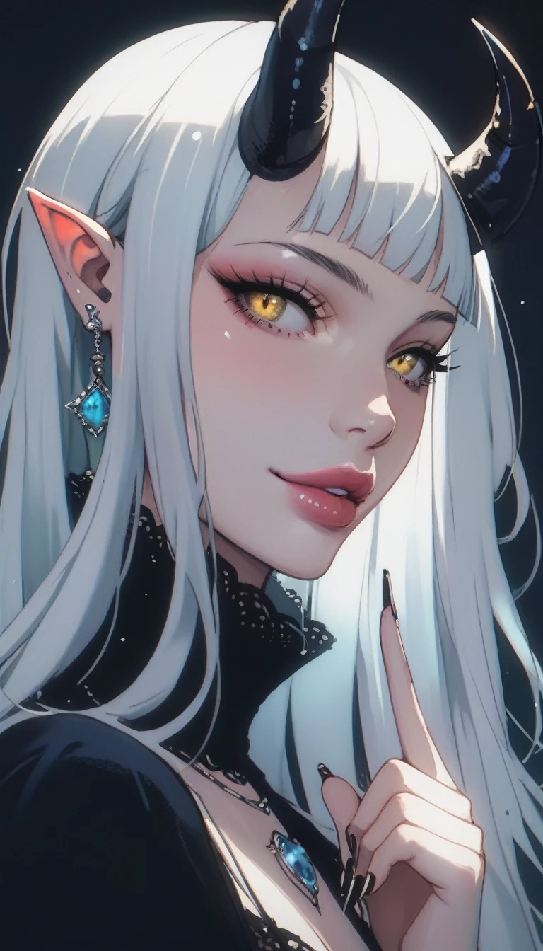 A demonic and seductive looking anime character, with black wings, long dark flowing hair, bright golden eyes, and curved horns like those of a ram. has pale skin, a mischievous smile and a playful and mysterious expression, holding a finger to his lips as if silencing someone. She wears a white dress with intricate detailing and gold accents, along with a blue gem on his chest. The scene is dramatically lit., with soft shadows that enhance her sharp features, as the background fades into darkness, adding an enigmatic and magical touch. The style is a mix of anime fantasy with intricate details, Capturing an intense portrait, close and dynamic