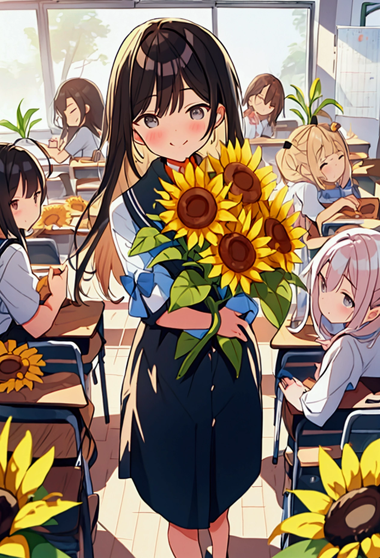 Teachers&#39; Day Illustration，Cute teacher holding sunflower，Surrounded by a group of students，in the classroom， Vector Art，Pastel color palette，abstract，Zen，abstract光线封面，modern chinese literati，Color gradient，Hierarchical form，Whimsical pictures，Ethereal style