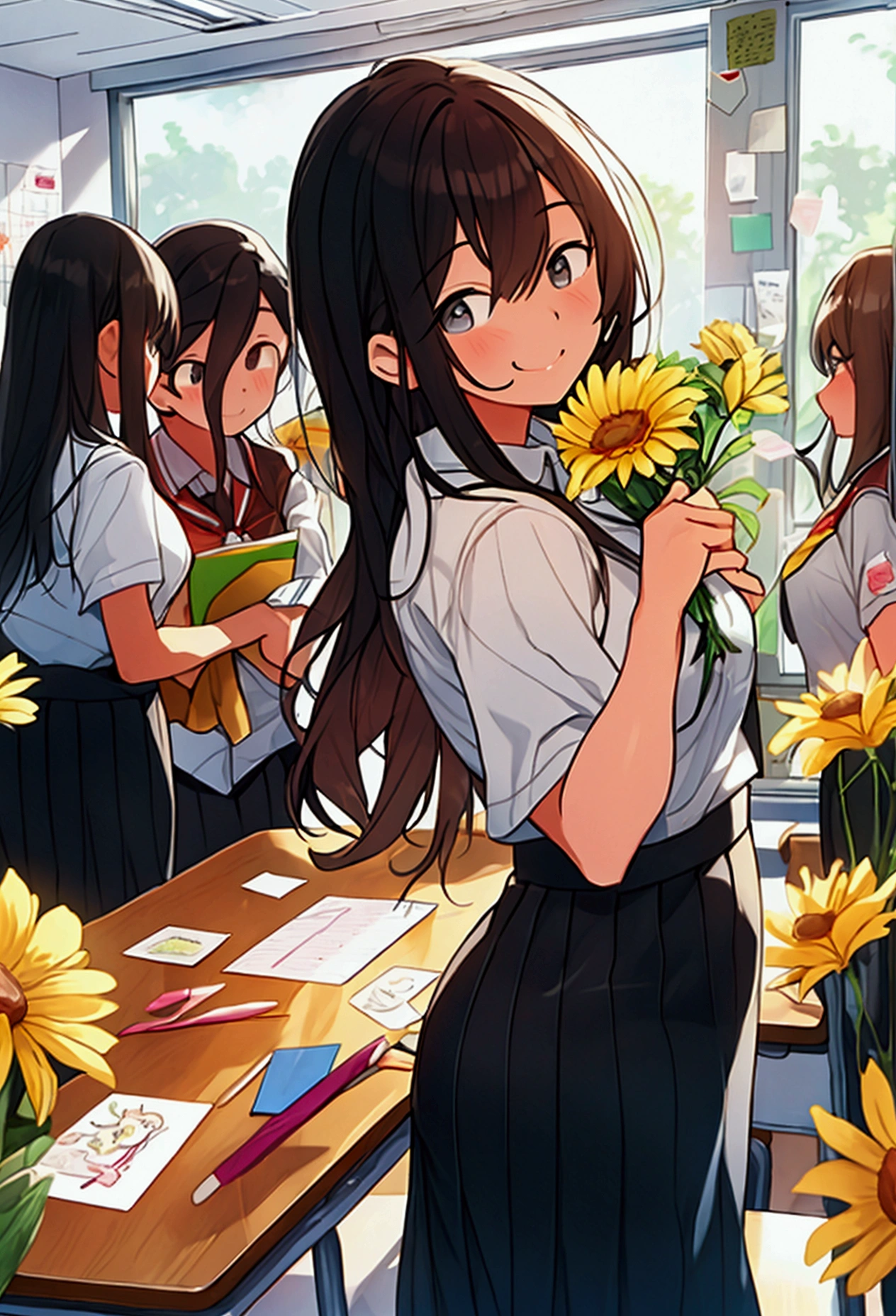 Thanks to the teacher, A group of students surrounded a teacher, Holding flowers and cards, The teacher accepted with a smile, The classroom is filled with thank you notes and artwork from students, A large display on the wall shows students' gratitude to their teachers