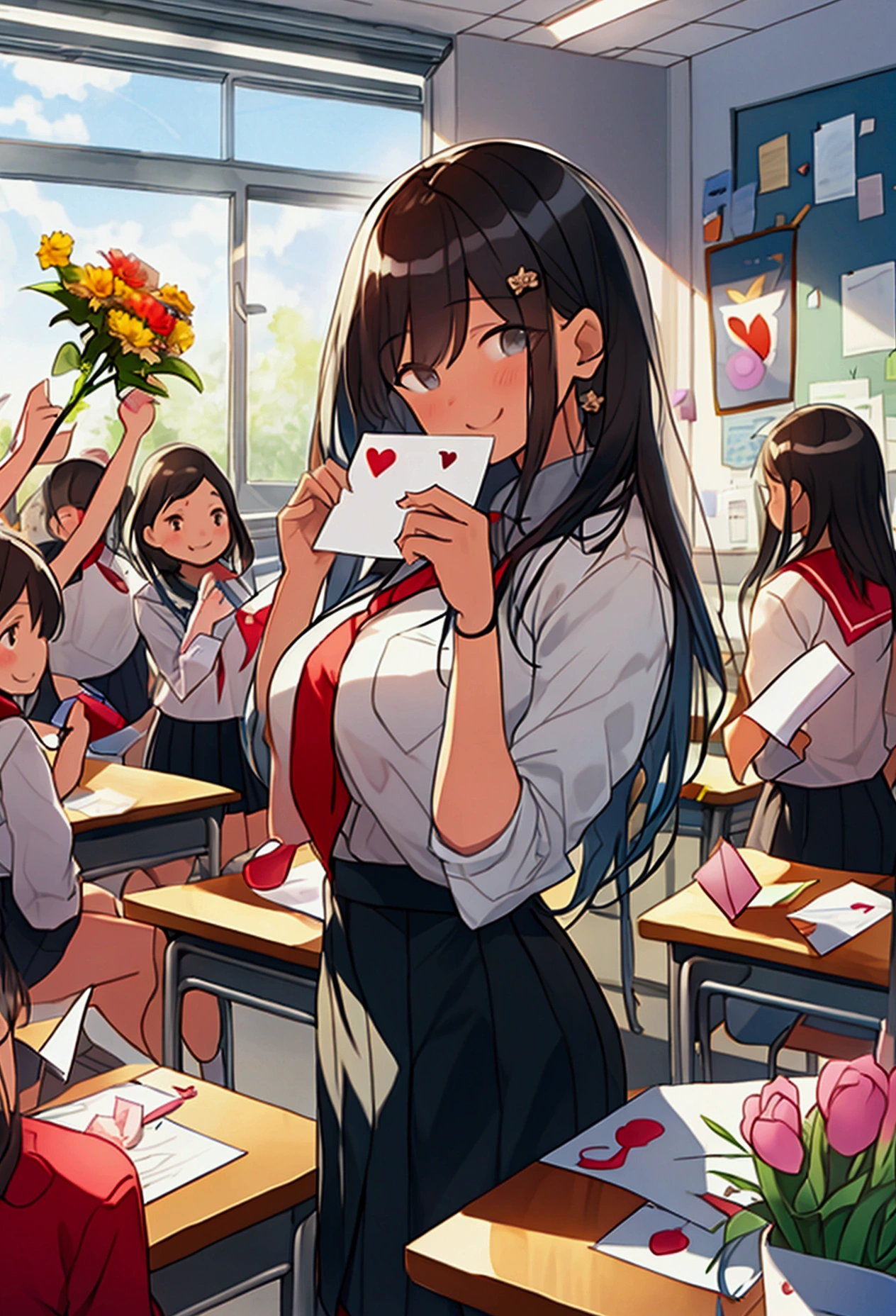 Thanks to the teacher, A group of students surrounded a teacher, Holding flowers and cards, The teacher accepted with a smile, The classroom is filled with thank you notes and artwork from students, A large display on the wall shows students' gratitude to their teachers