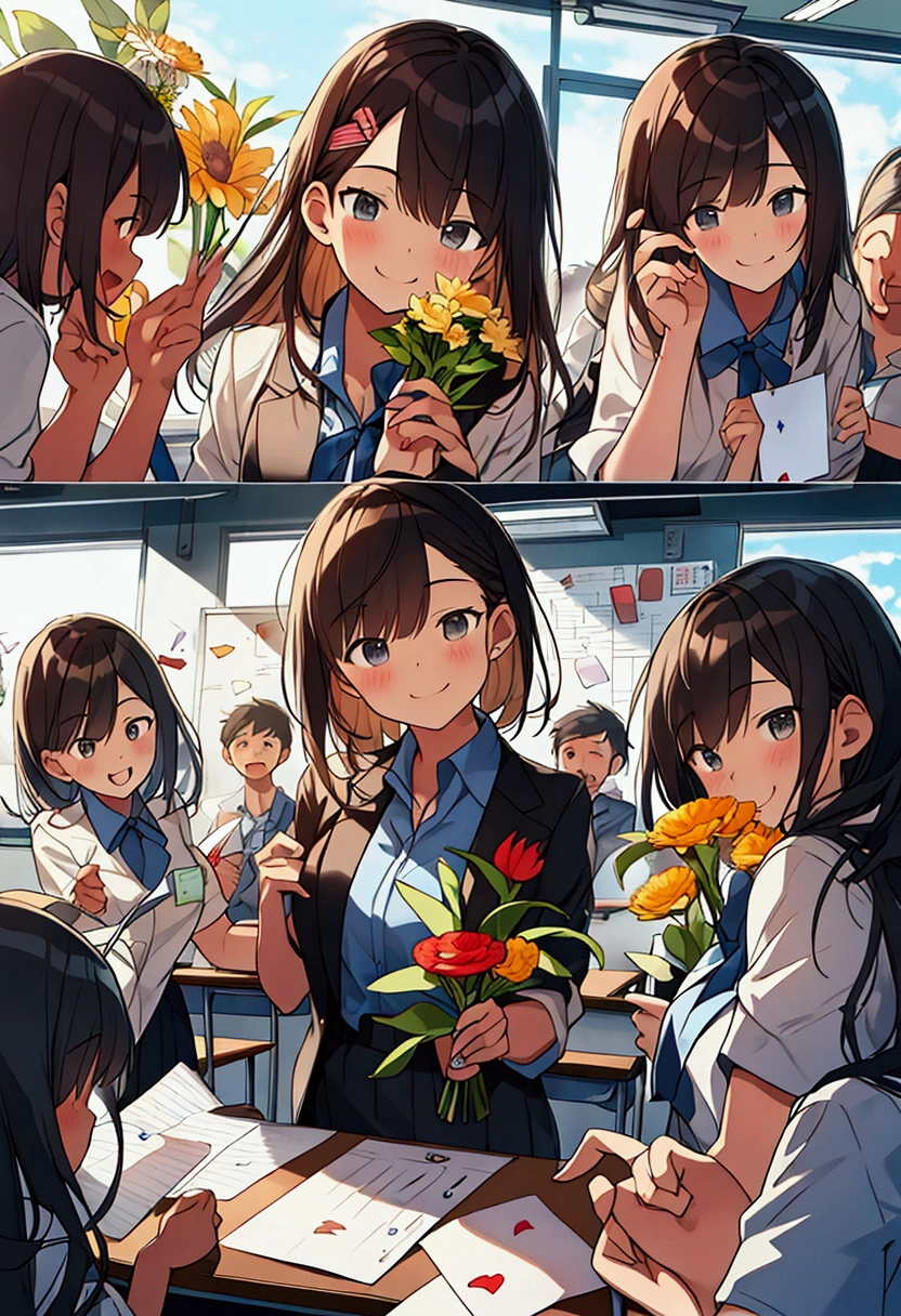 Thanks to the teacher, A group of students surrounded a teacher, Holding flowers and cards, The teacher accepted with a smile, The classroom is filled with thank you notes and artwork from students, A large display on the wall shows students&#39; gratitude to their teachers