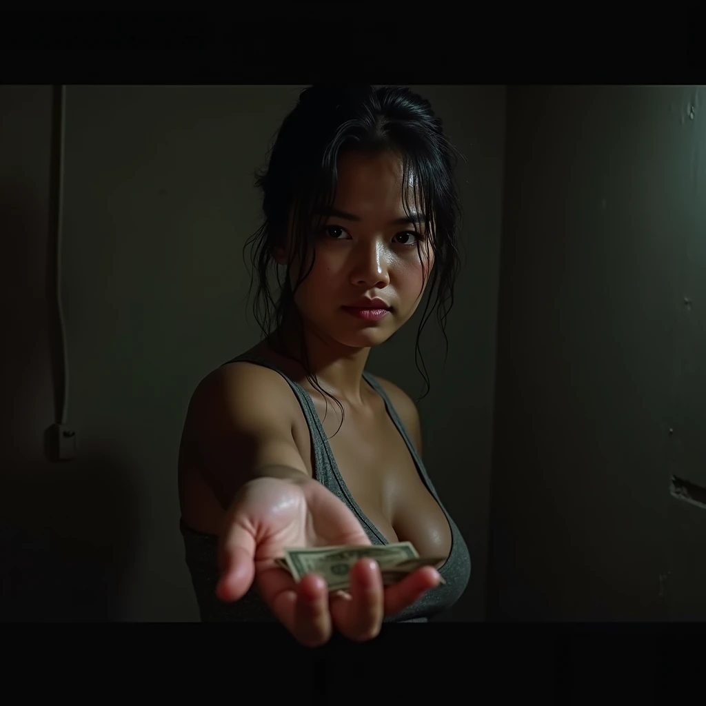 night in a simple house, beautiful young indonesian women, voluptuous, sweating, messy hair like just woke up, wearing a tank top, in front of him there is a hand giving money, against a dull wall, wet hair, Low light
