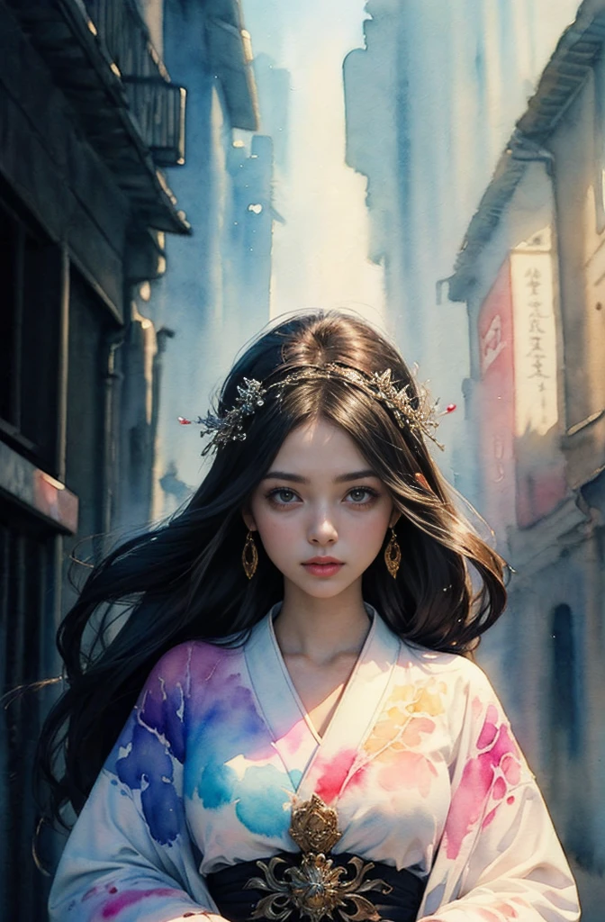 (Tabletop, Highest qualityの, Highest quality, Official Art, (beautifully、aesthetic:1.4), (Watercolor:1.4) ), (Izanami 1.5), 日本のgod話の女god, Majestic beauty, 創造の女god、生命の女god、Typically、((((Typically))))、Reincarnation Support, god'Grace, Gentle and meditative expressions, Flowing, celestial garments, Shine、god秘的な着物姿、Full moon in the upper left of the background、Night view、moon on top left、