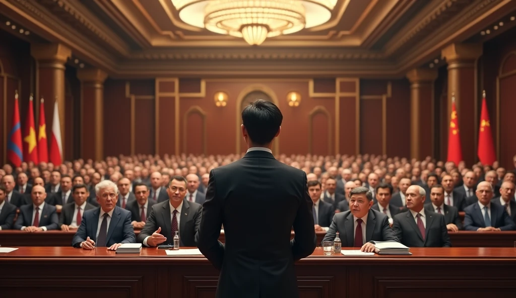 A young Chinese man in a suit is speaking to politicians from various countries in a huge lecture hall.,Politicians from all over the world are looking at men,No flag appears