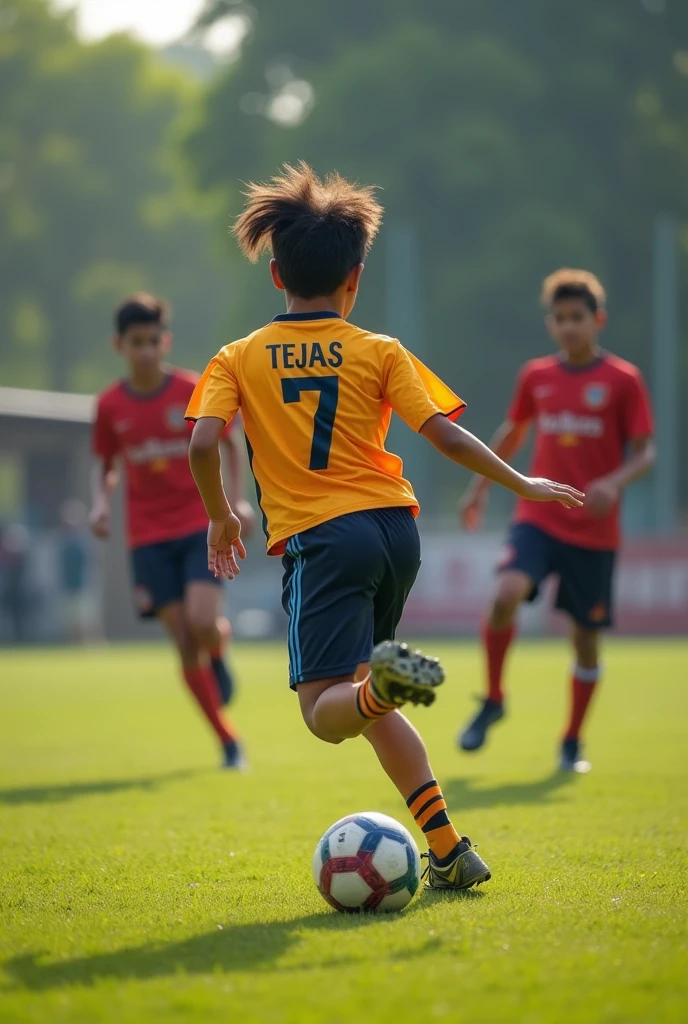 Imagine a photo where a boy wearing a Jersey name Tejas with a number 7 on jersey playing football with his friends in 4k He is a 19 years teenager in ground