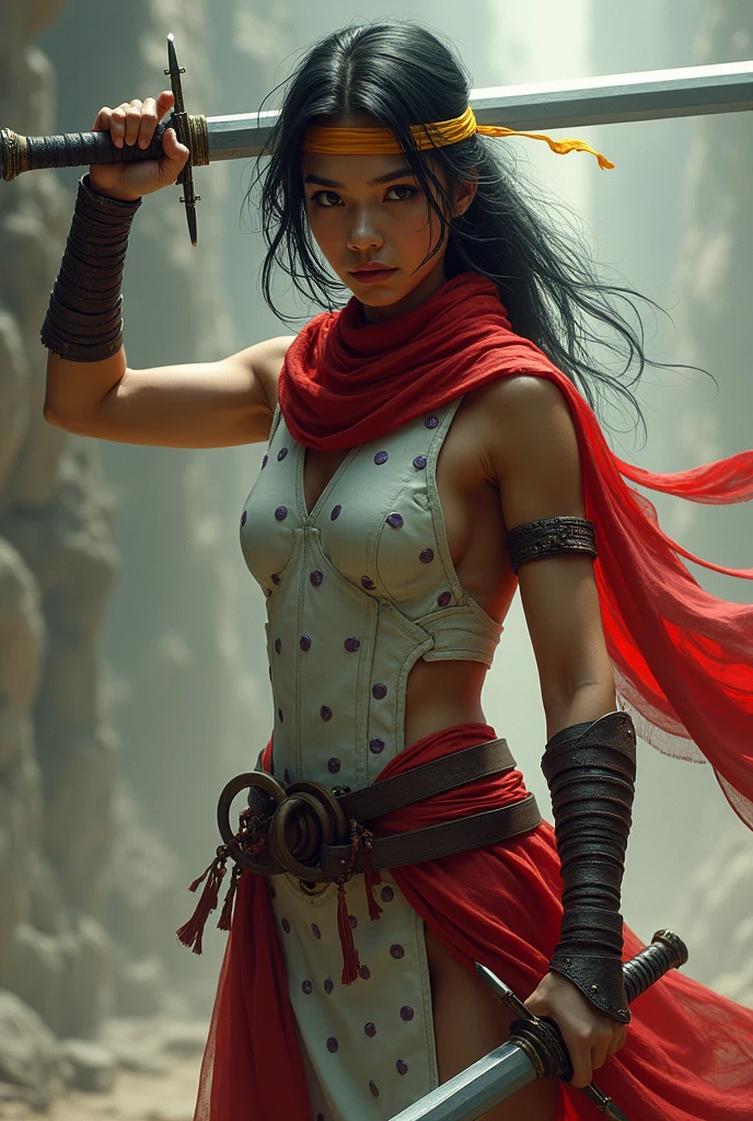 Personnage avec une double épée avec des foulard rouge sur l'épée les deux épée qu'ik tien est un côté aérodynamique des deux lame est fait de métal des vêtements avec des pointillé vert poupre pâle teintures a du rouge clarté mélange a du blanc un pantalon du motif de la couleur une tête avec des yeux marrons est noir un corps un peut musclé des bras avec un bouclier teintures au couleur du Brésil un bandeau jaune teinté de rouge trés clair sur sont bras droit et un côté de combattant dangereux