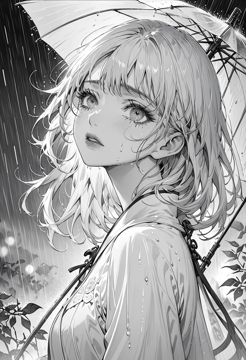 (Highest quality,Very detailed,High resolution:1.2),Beautiful girl crying in the rain，Dilated grey eyes，very_Long eyelashes, Detailed lips, Cool look, Soft Skin, ,Exquisite makeup,monochrome