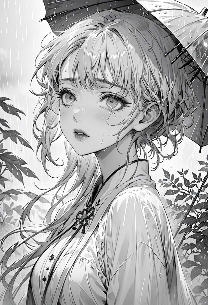 (Highest quality,Very detailed,High resolution:1.2),Beautiful girl crying in the rain，Dilated grey eyes，very_Long eyelashes, Detailed lips, Cool look, Soft Skin, ,Exquisite makeup,monochrome