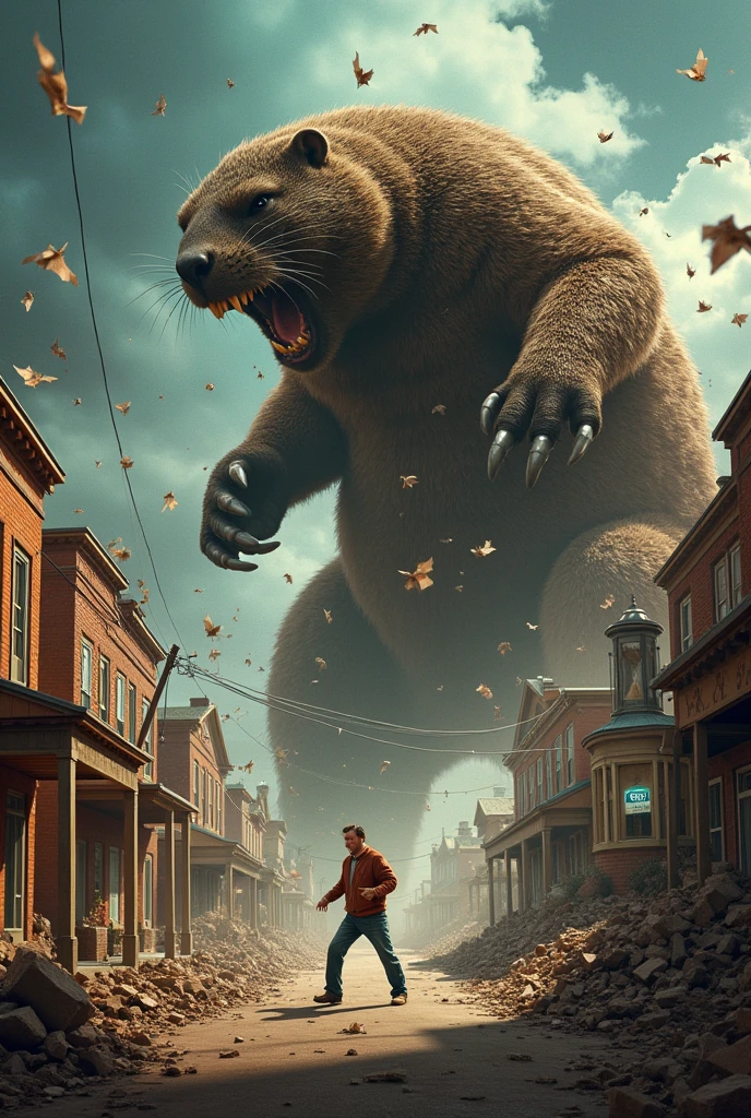 Create a highly detailed movie poster for "Groundhog Day" with a surreal and epic twist. In the center, depict Bill Murray as a giant, locked in an intense battle with a giant groundhog in the style of classic Godzilla films. Both characters are in the midst of destroying the town from the movie, with buildings crumbling and debris flying around. Bill Murray's face shows intense anger, and the groundhog is equally fierce, baring its teeth.

The town is rendered in a nostalgic, small-town American style, with streets and buildings being torn apart in the chaos. Include details like shattered clocks, distorted calendars, or a giant hourglass in one corner to symbolize the passage of time. The overall color palette should be dark and dramatic, with an ominous sky, emphasizing the epic nature of the battle and the surreal theme of the film. --Bill Murray as a giant