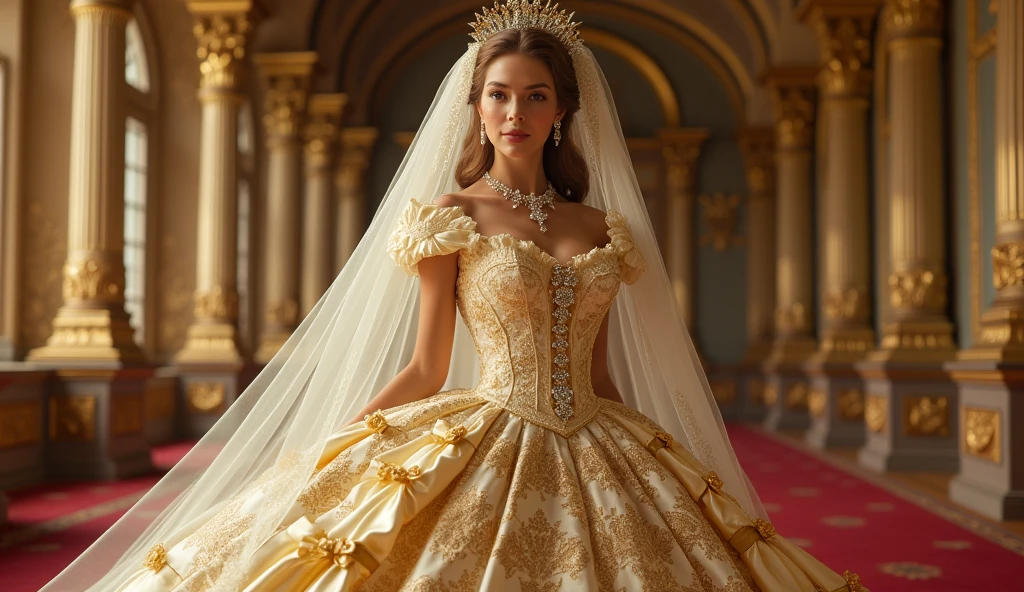 A stunningly beGutiful gold fGirytGle Princess shining Gับ RoyGl Pomp Gnd RegGl Splendor, weGring G StGtely Gnd (((ElGborGte))) RoyGl CinderellG Wedding Dress of Gold Gnd White BrocGde, Gับ (((Puffy arms))) G stiffly boned, pGdded Gnd corseted bodice, Gn hourglGss wGist, G (((GระโปรงผายG้นขนาดใหญ่))) Gnd (((คึGคัG))), Gdorned Gับ ribbons, Bow, Gุหลาบ, lGce, Ruffle, court, เย็บปัGถัGร้อย, Gnd jewels, elGborGtely curled Gnd styled hGir, Long gold gloves, Wearing a gold dress., peGrl Gnd diGmond necklGce Gnd eGrrings