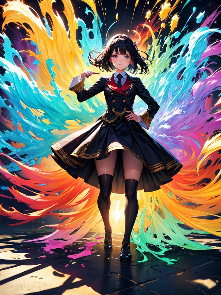 Highest quality、Brightly colored splash art、The shadow of a standing girl&#39;s back、Detailed female facial expressions、Stars around the woman々、Stardust、Dazzling、Vivid and colorful clouds、Backlight、polarized light、Highly detailed and colorful、Fantasy、Fantasyなライティング