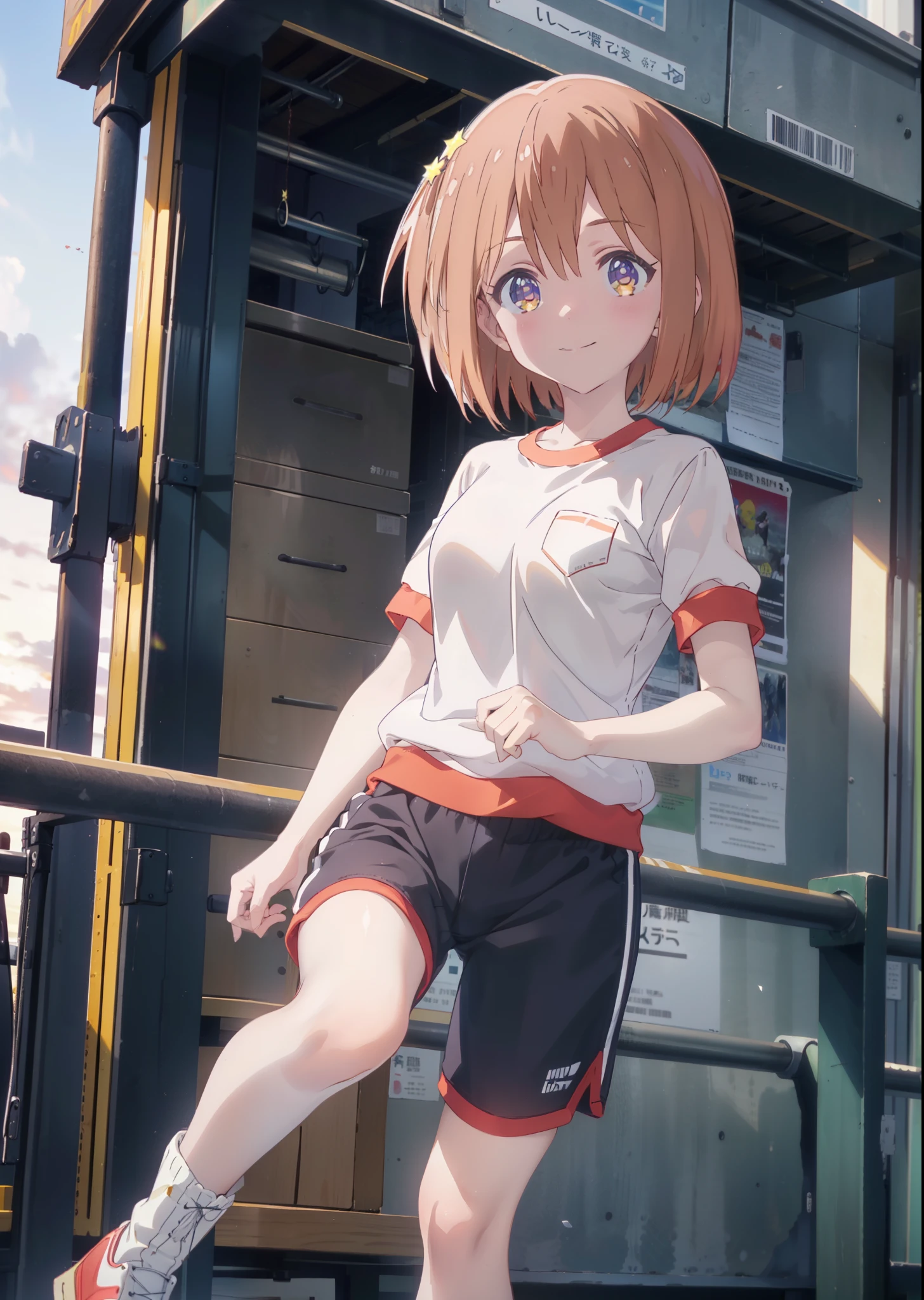 Mira Konohata, evening,Sunset sky,Seaside,orange clouds,Check it out, short hair, bangs, orange hair, (Purple eyes:1.2),(Gym clothes with short sleeves:1.5), Gymnastics, (Girl wearing gym clothes), (Girl in gym clothes), Sportswear, Blue_Shorts, White knee-high socks,stand,Stand up,Focus on the feet,White_sneakers, White_sports boots,Daytime,Clear skies,Palm tree,Walking,smile,Close your mouth,blush,whole bodyがイラストに入るように,Focus on shoes,
BREAK outdoors, tropical,Tropical,Coastal Road,
BREAK looking at viewer, whole body,
BREAK (masterpiece:1.2), Highest quality, High resolution, unity 8k wallpaper, (figure:0.8), (Beautiful attention to detail:1.6), Highly detailed face, Perfect lighting, Highly detailed CG, (Perfect hands, Perfect Anatomy),