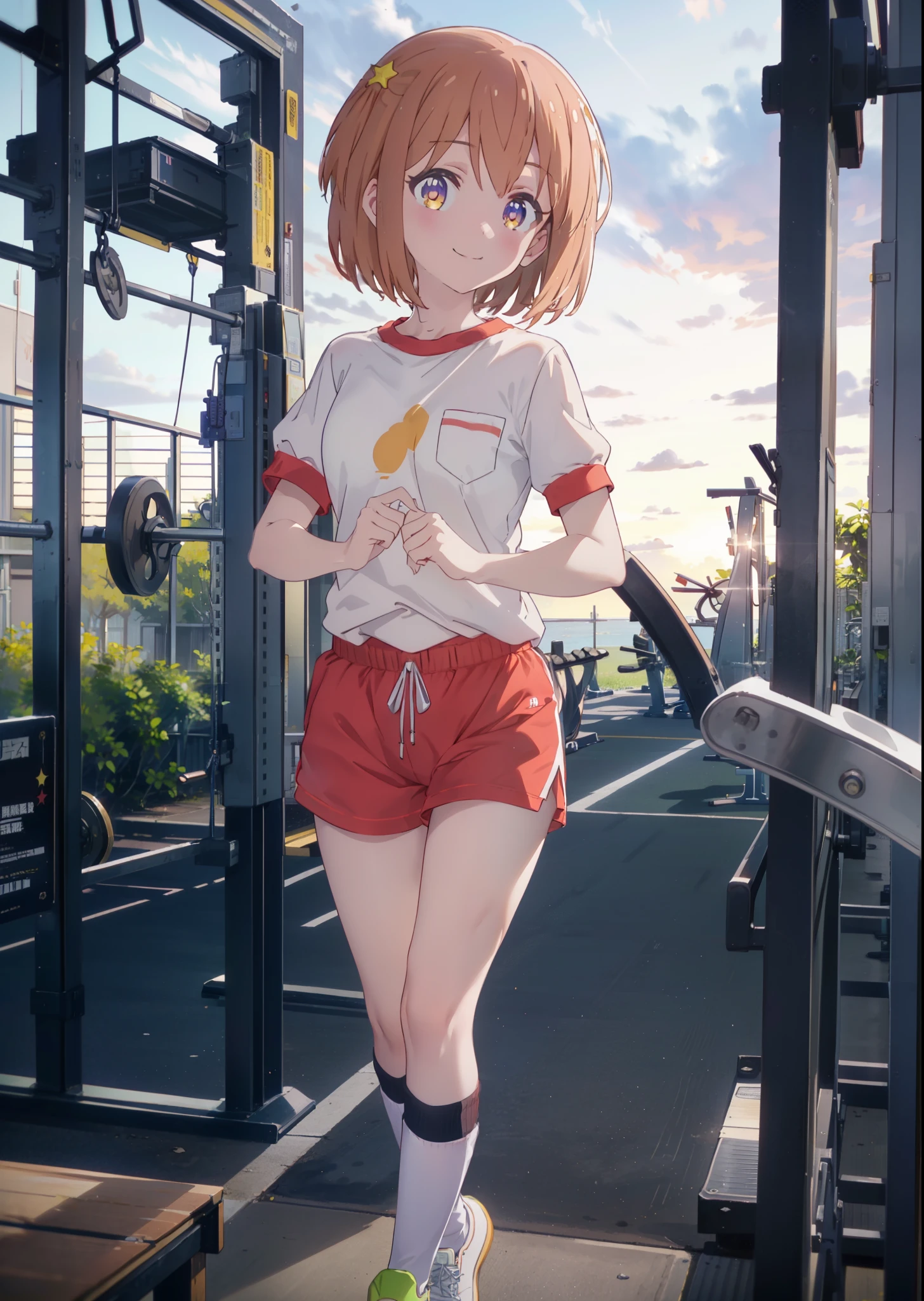 Mira Konohata, evening,Sunset sky,Seaside,orange clouds,Check it out, short hair, bangs, orange hair, (Purple eyes:1.2),(Gym clothes with short sleeves:1.5), Gymnastics, (Girl wearing gym clothes), (Girl in gym clothes), Sportswear, Blue_Shorts, White knee-high socks,stand,Stand up,Focus on the feet,White_sneakers, White_sports boots,Daytime,Clear skies,Palm tree,Walking,smile,Close your mouth,blush,whole bodyがイラストに入るように,Focus on shoes,
BREAK outdoors, tropical,Tropical,Coastal Road,
BREAK looking at viewer, whole body,
BREAK (masterpiece:1.2), Highest quality, High resolution, unity 8k wallpaper, (figure:0.8), (Beautiful attention to detail:1.6), Highly detailed face, Perfect lighting, Highly detailed CG, (Perfect hands, Perfect Anatomy),