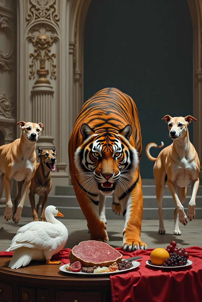 Tiger fighting greyhounds, in the background baroque style construction, table with dead goose, meat and fruits