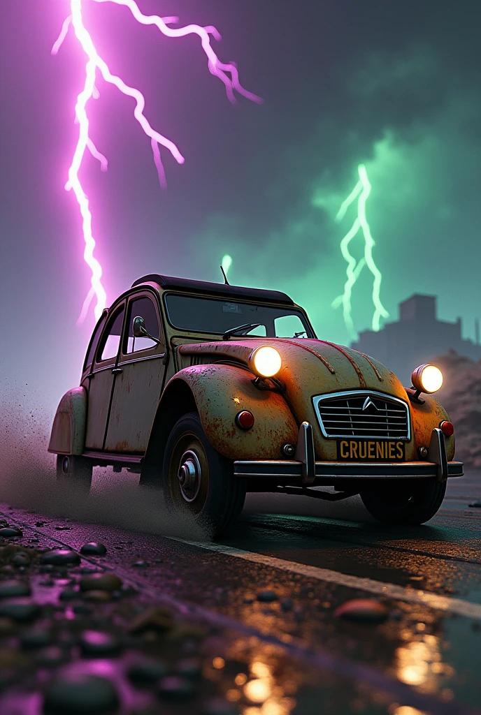 Rusty Citroën 2CV driving at high speed in the FallOut 4 universe during a night storm with a purple sky and green lightning