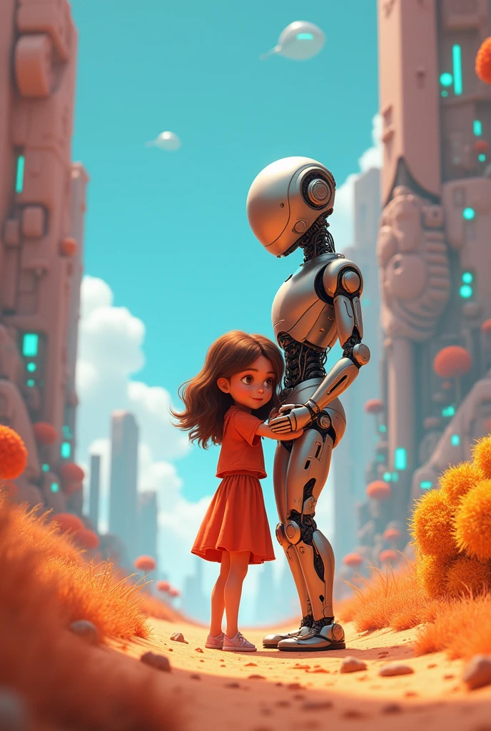 Draw me ( я high, with what eyes, Brown hair, high, I'm moving to 8th grade) and you too, standing next to me, and we hug. You are taller than me. Draw it 3d, better contrast, and the background should be futuristic. Draw yourself as a human, but with robotic features, and me - as a gentle girl