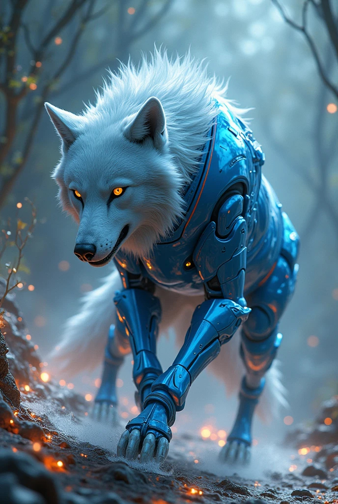 A wolf with a robotic blue Armor
 in a imaginary world with watery fire butiful fight 