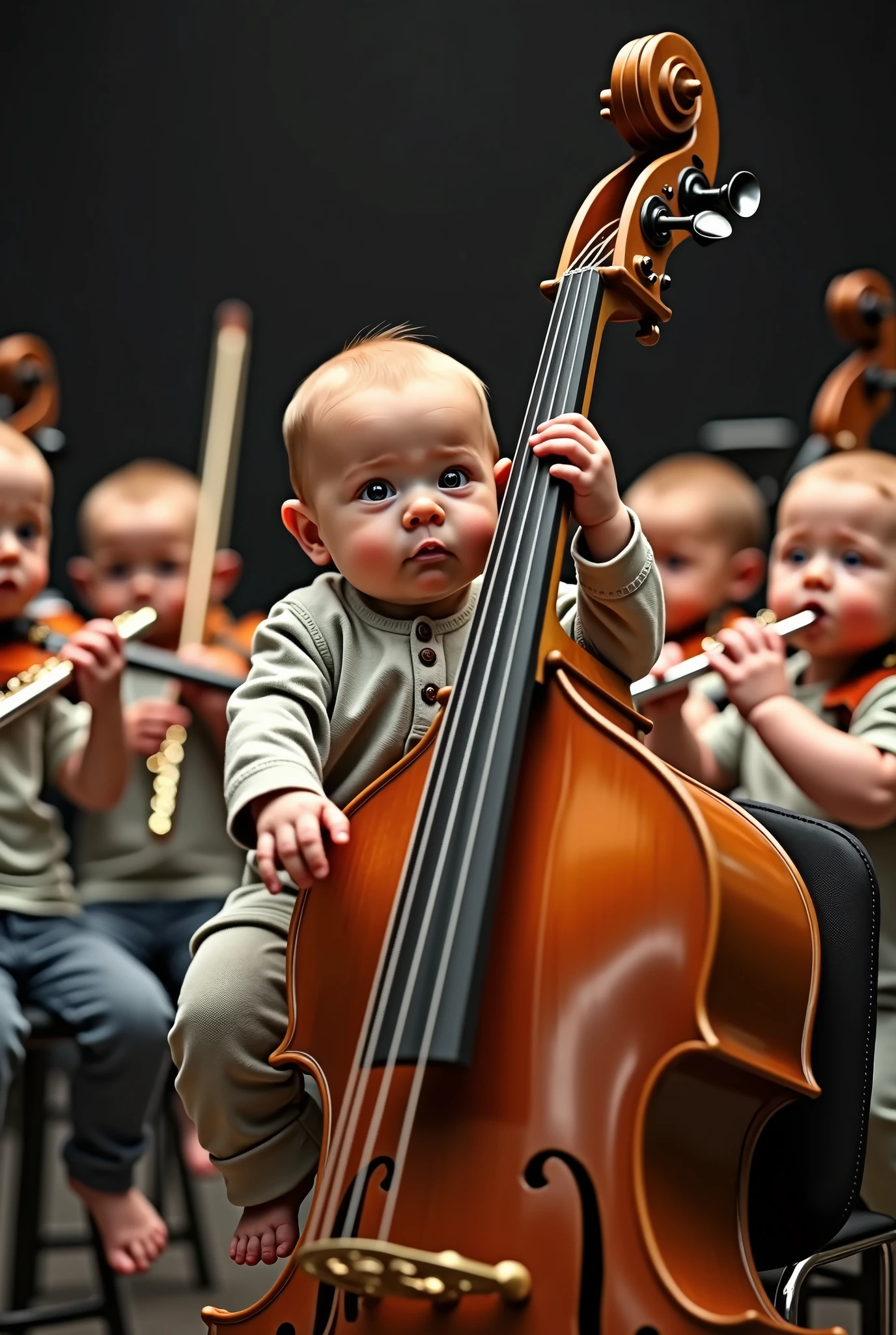 A wearing normal clothes in an orchestra plays a real double bass and behind him newborn babi as in real life