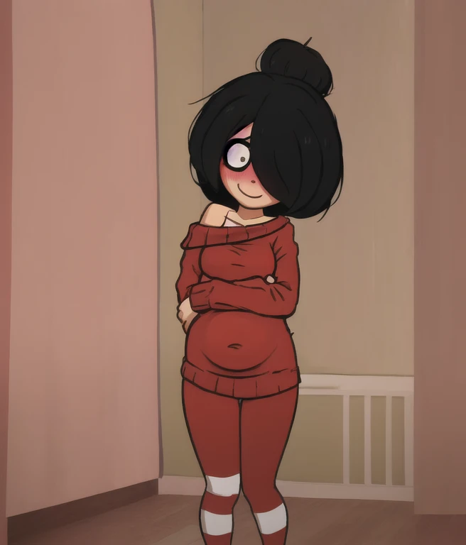 look at the viewer, One, maya,1 girl, ((Medium Breast)), ((Belly Stuffed)), ((Huge Belly)), ((Very Drunk)), solo,  black hair, short hair, single hair bun, hair over one eye,  ((dark skin)), ((dark-skinned female)), green eyes, red sweater, off shoulder, thighhighs, striped thighhighs, standing, hands on hips, indoors, dark, bedroom,  night, looking at viewer, light smile, blush, thighs,