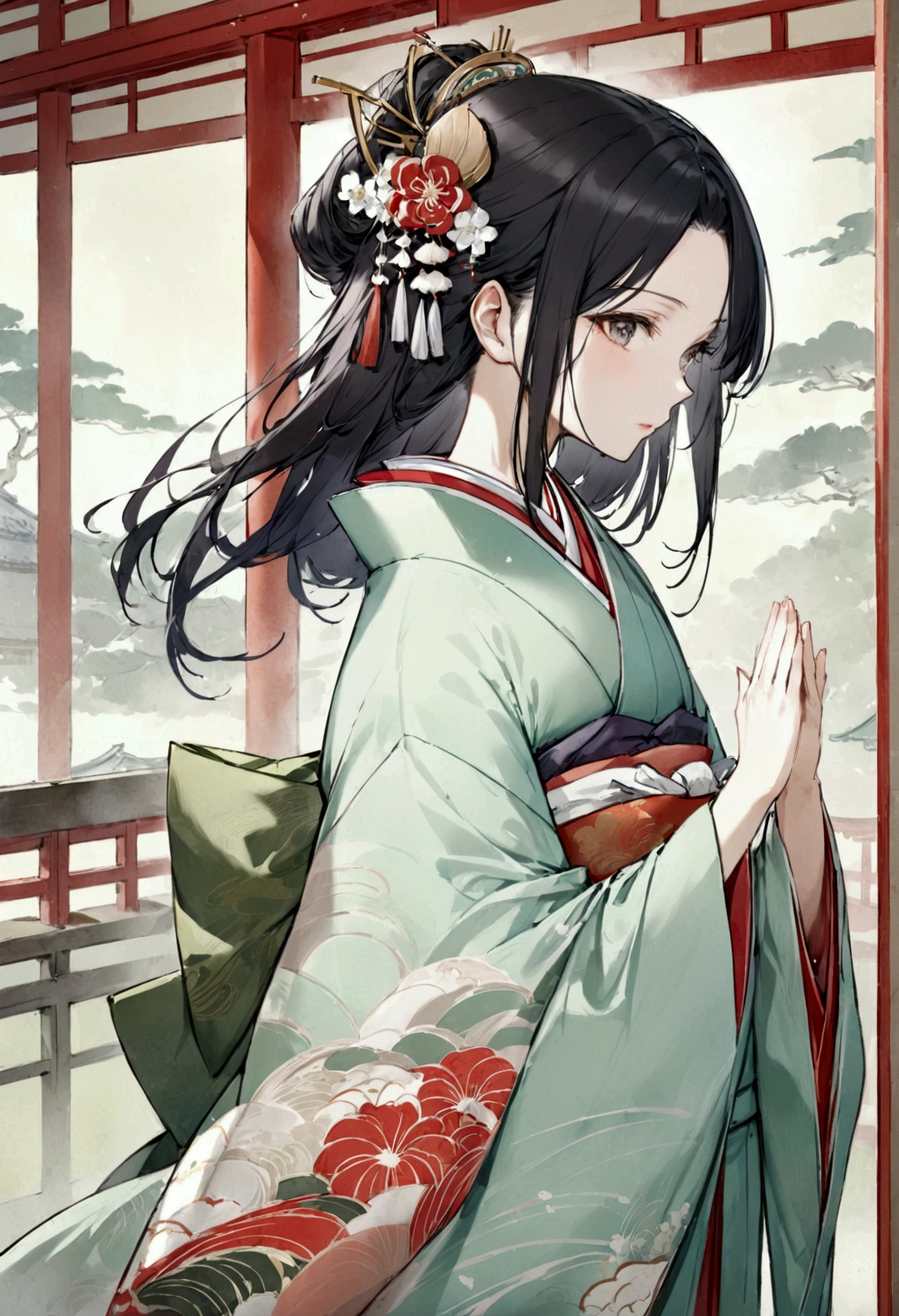 A woman wearing a kimono。Heian period。Offer a prayer