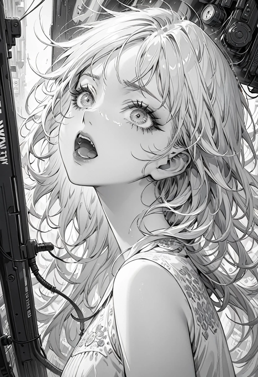(Highest quality,Very detailed,High resolution:1.2),Beautiful girl screaming in the electronics district,Dilated grey eyes,very_Long eyelashes, Detailed lips, Cool look, Soft Skin, ,Exquisite makeup,monochrome