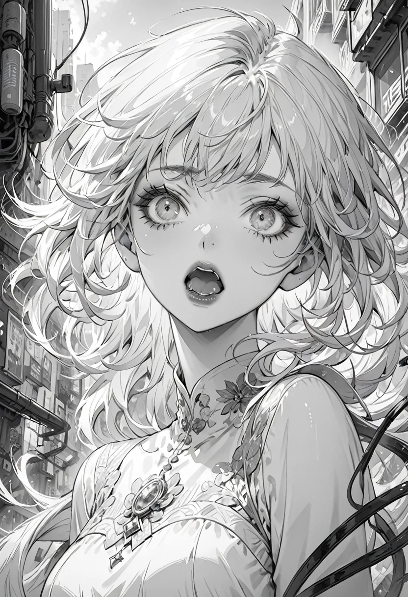 (Highest quality,Very detailed,High resolution:1.2),Beautiful girl screaming in the electronics district,Dilated grey eyes,very_Long eyelashes, Detailed lips, Cool look, Soft Skin, ,Exquisite makeup,monochrome