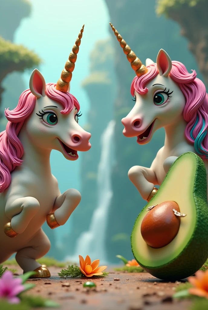 Create a surrealistic 3D image where 2 unicorns with rainbows in a fantasy world mock or laugh at an avocado that is walking and crying in the distance, The female avocado has fake nails and long eyelashes and full red lips