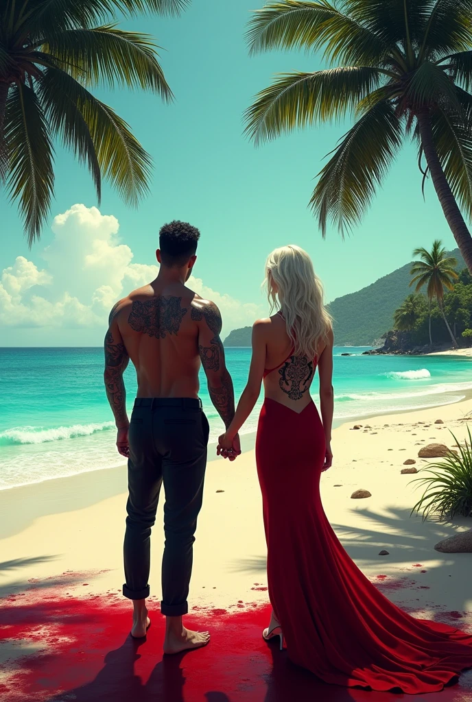 beach,  palmiers, Blood Trail.
In the distance A tattooed black man, a blonde woman polynesian tattoo, en tenue de soiree, at the water&#39;s edge, fingers, se donnant la main