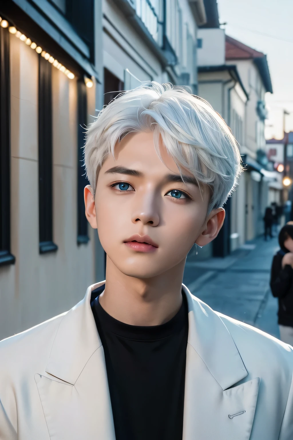 ((4K operation))、Masterpiece、(คุณภาพhighสุด)、A boy.、Slim shape、high、((Black Y-shirt and white pants、Charming street style))、Please wear a jacket.、Wear a hood to cover your face.、(Beautiful blue eyes with details)、Morning City、((clear sky))、Modern city in the morning、during walking、((bright, The sky is lightly clouded.))、((Looks like Carly Rae Jepsen))、((White hair, short hair))、((face becomes smaller))、((neutral face))、((bright blue eyes))、((American adult male))、((2 adult males))、((Cool guy.))、((Just like a star.))、((looks fierce))、((Korean makeup))、((Long and sharp eyes))、((Happy dating))、(())、((Full body photography))、professional photos、((Model photo))、((Shoot alone))、((He is under the roof))、((looking up at the sky))、((Shot from the back))、((He is looking up.))、((His eyes were looking upwards.))、((Increase the angle of the face))、((He is walking in front of the audience.))