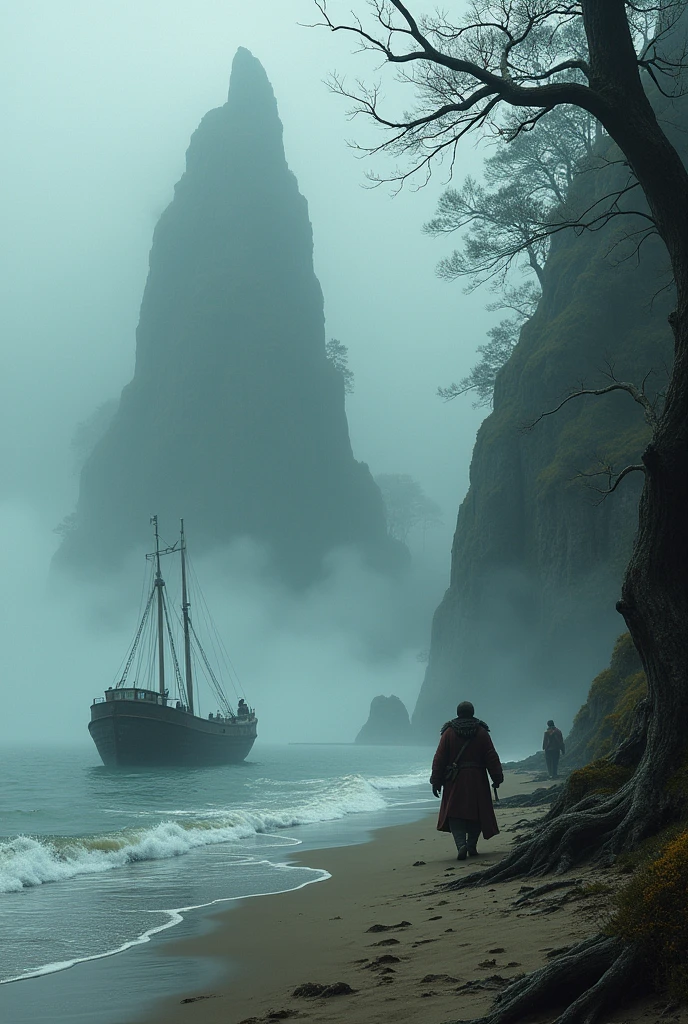 The fishing boat arrived at a mysterious island in the mist.