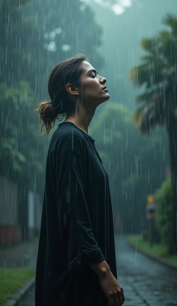 A person standing in a storm, rain pouring down and wind blowing fiercely. Despite the chaotic weather, the person remains calm and composed, eyes closed, with a serene expression on their face. This contrast between the inner tranquility and the external chaos represents the Stoic idea of controlling one's reactions to external events