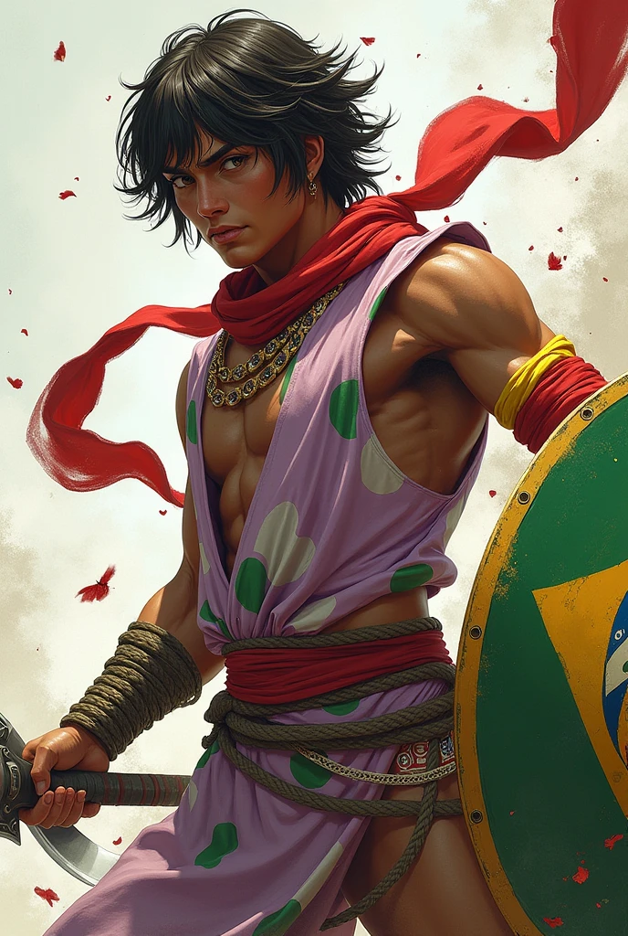 Personnage avec une double épée avec des foulard rouge sur l'épée les deux épée qu'il tien est un côté aérodynamique des deux lame est fait de métal des vêtements avec des pointillé vert poupre pâle teintures a du rouge clarté mélange a du blanc un pantalon du motif de la couleur une tête avec des yeux marrons est noir un corps un peut musclé des bras avec un bouclier teintures au couleur du Brésil un bandeau jaune teinté de rouge trés clair sur sont bras droit et un côté de combattant dangereux