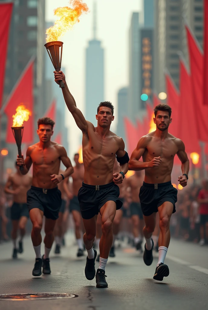 Mixed-race soldiers running shirtless, in black shorts, white socks and black sneakers, with black armbands on the left arms, segurando tochas vermelhas apagadas In the hands, In the hands, in a marathon full of spectators on a street in a big city.