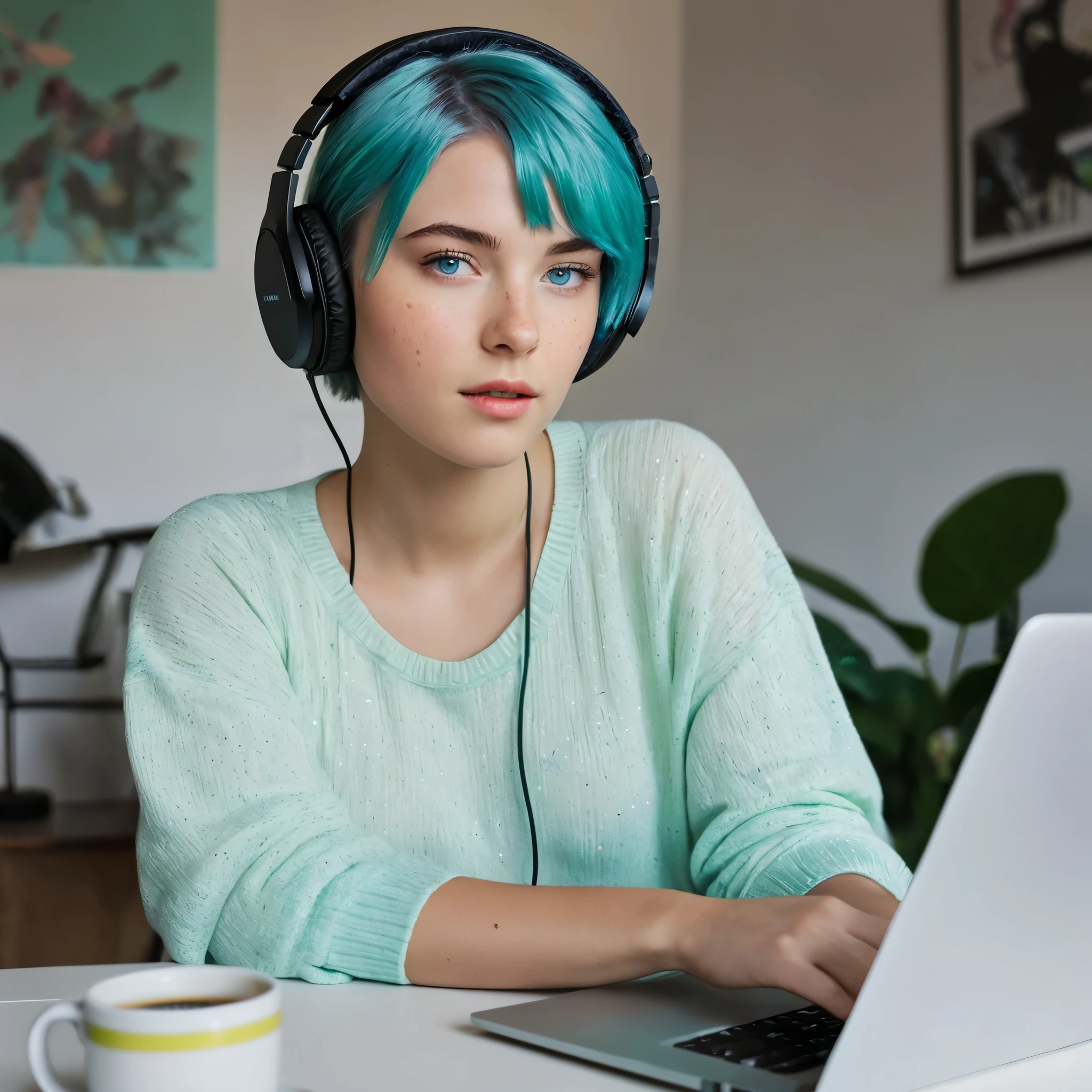 Woman 20 Years Old Nordic Ethnicity, short blue hair with a perfect face and light freckles, Blue-Green Eyes, A shot of NovaiBrew in her studio, focused on her laptop with music software open. The setting is warm and inviting, with a cup of coffee nearby. She’s dressed in something stylish but comfortable, emphasizing her creative side. ((Music production)), ((headphones)), ((Color palette - turquoise, neon green, yellow shades))
