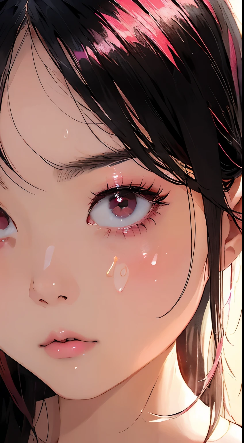 Beautiful and attractive Asian woman、Half-body photo、Delicate and sexy collarbone、Attractive oval face、double eyelid、bright peach-colored eyes、Pink Lips、Small Nose、Large Breasts、Face close-up、Black Hair、Twin tails、Ultra-high resolution、Super detailed、Extreme close-up、Red Shirt、cry
