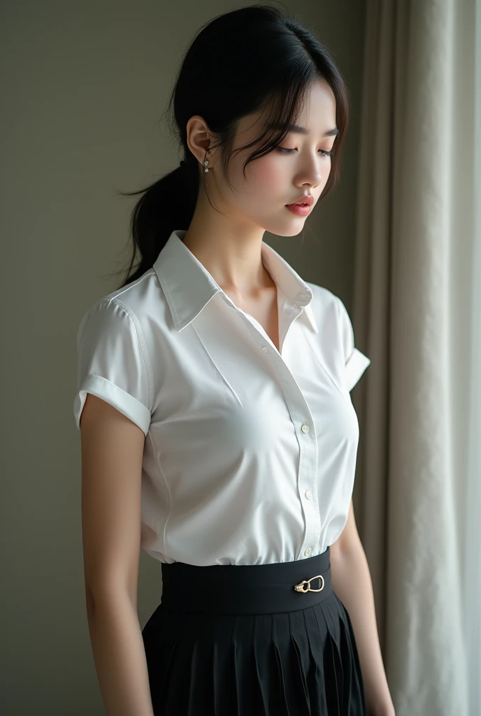 no, (Masterpiece, best quality), 8k ultra hd, full shot, high resolution, photo realistic, raw photos, (((Shot from below at the back.))), , Beautiful Thai university girl, Highly detailed facial and skin textures, Detailed eyes, body slender and beautiful หน้าอกปานกลาง, bare, alone, Showing small breasts, Showing see through underwear, pink panties, looking down, ((Thai University Uniform)), ((University outfit)), White short sleeve shirt, skirtพลีทสีดำ, skirtดินสอสีดำ, belt, skirt