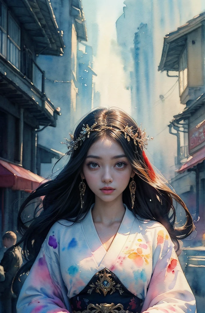 (Tabletop, Highest qualityの, Highest quality, Official Art, (beautifully、aesthetic:1.4), (Watercolor:1.4) ), (Izanami 1.5), 日本のgod話の女god, Majestic beauty, 創造の女god、生命の女god、Typically、((((Typically))))、Reincarnation Support, god'Grace, Gentle and meditative expressions, Flowing, celestial garments, Shine、god秘的な着物姿、Full moon in the upper left of the background、Night view、moon on top left、