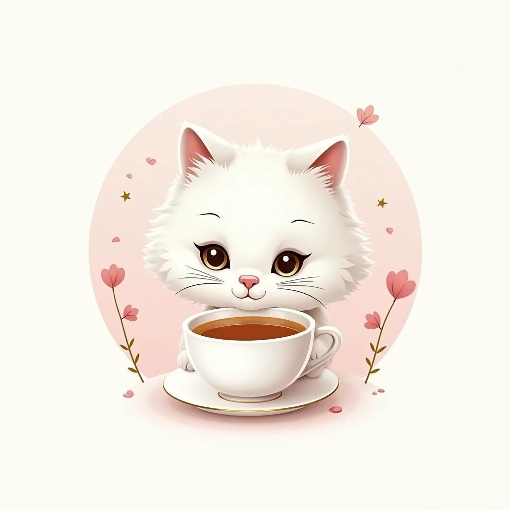 create a logo with the free logo maker, cute persian cat head drinking cup of tea, professional logo design, clean logo design, logo design, logo graphic design, abstract logo, professional logo, logo conceptual design, white background, logo vector art, pink leaf, digital art logo, logo design, 3D logo, gold theme, delicate details golden stroke, Simple logo, gold foil, cat body
