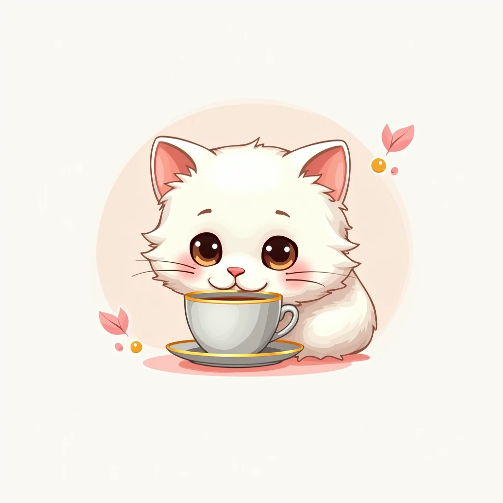 create a logo with the free logo maker, cute persian cat head drinking cup of tea, professional logo design, clean logo design, logo design, logo graphic design, abstract logo, professional logo, logo conceptual design, white background, logo vector art, pink leaf, digital art logo, logo design, 3D logo, gold theme, delicate details golden stroke, Simple logo, gold foil, cat body