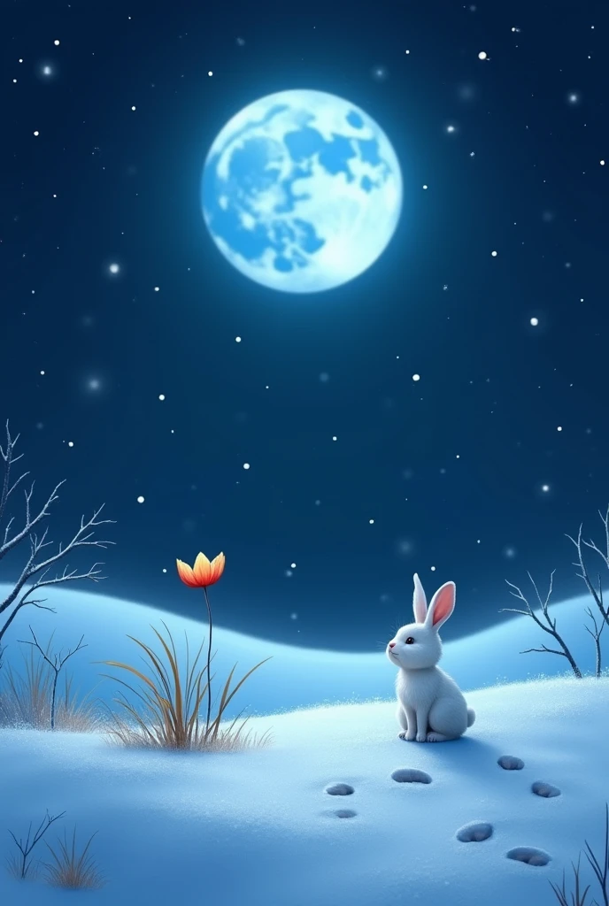 In the very dark night，Snow is falling，Snow reflects the light of the beautiful blue moon, There is a little snow rabbit in the middle looking at the moon, Rabbit&#39;s footprints, 1 beautiful wild flower blooms from the snow, Spring is coming, 非常Beautiful scenery,Beautiful scenery,from above,Use very limited colors,Realistic photos taken with a zoom lens, Gold Medal Nature Photo,Long-range shooting, The feeling of loneliness