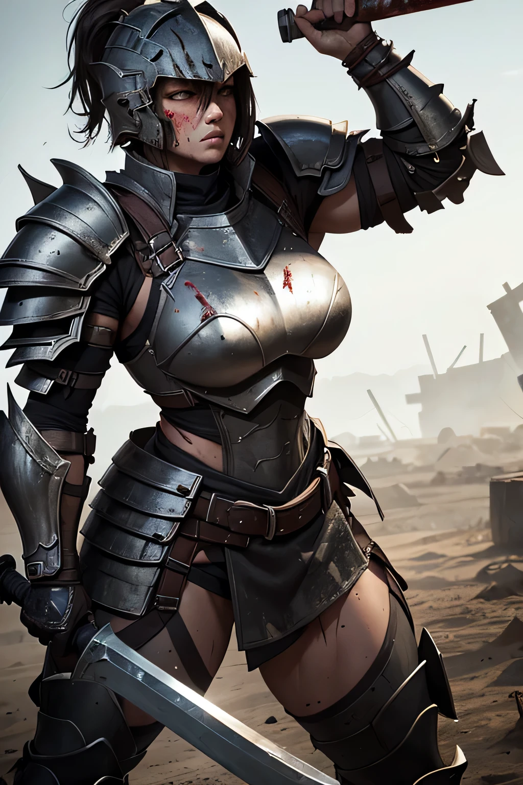 A muscular female heavy-armored warrior in scratched and blood-splattered plate armor, full helmet covered in dirt, wielding a massive axe, sweat dripping, intense gaze