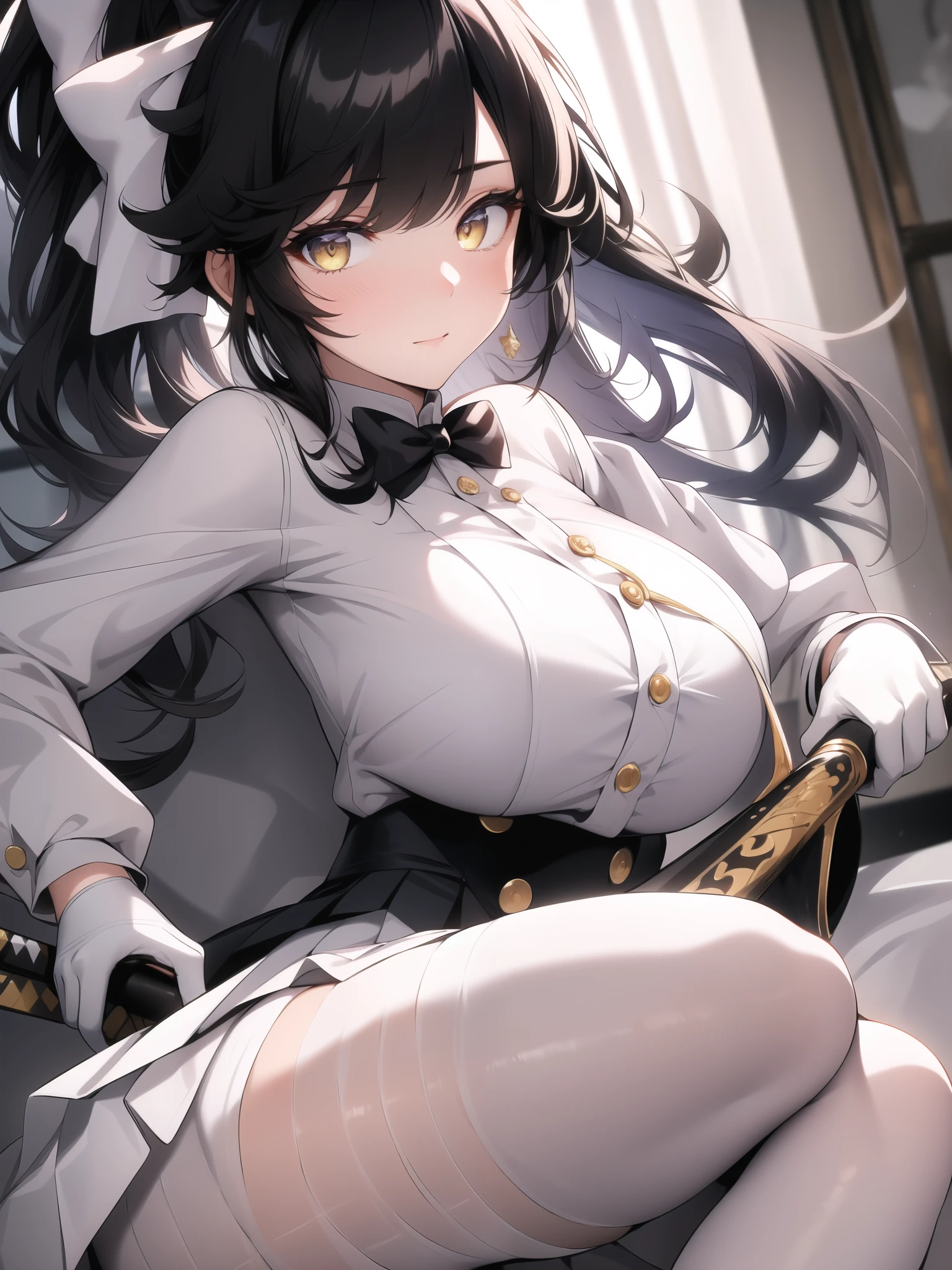 (masterpiece, best quality:1.2),illustration,8k,hd,1girl,solo,upper body,(portrait:1.2),black_hair,ponytail,bow,hair_bow,large_breasts,white_bow,very_long_hair,bangs,hair_flaps,brown_eyes,miniskirt,yellow_eyes,gloves,katana,pleated_skirt,skirt,white_gloves,white_skirt,(black_pantyhose:1.2),long_sleeves,