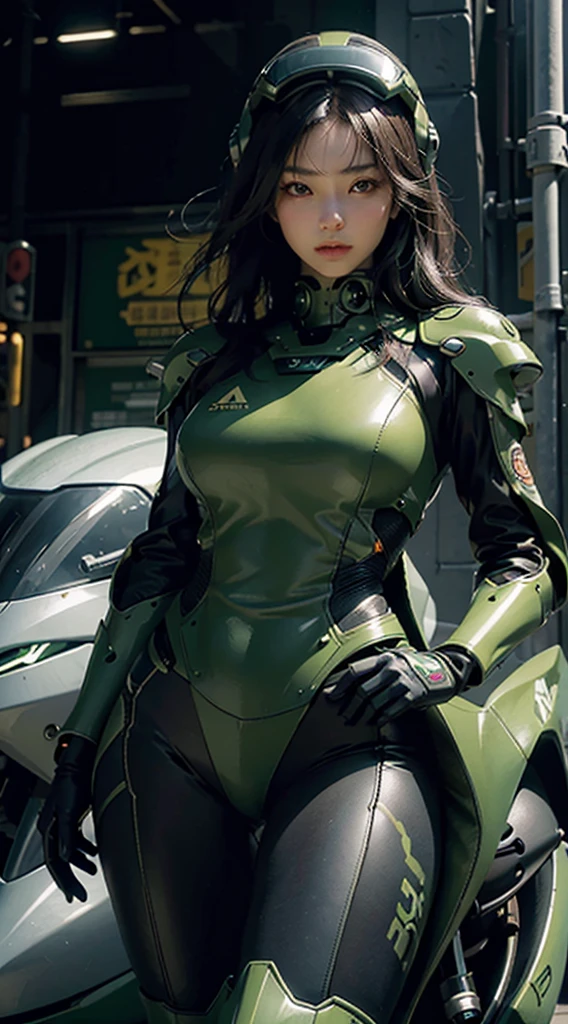 Highest image quality, outstanding details, ultra-high resolution, (realism: 1.4), the best illustration, favor details, highly condensed 1girl, with a delicate and beautiful face, dressed in a black and green mecha, wearing a mecha helmet, holding a directional controller, riding on a motorcycle, the background is a high-tech lighting scene of the future city.