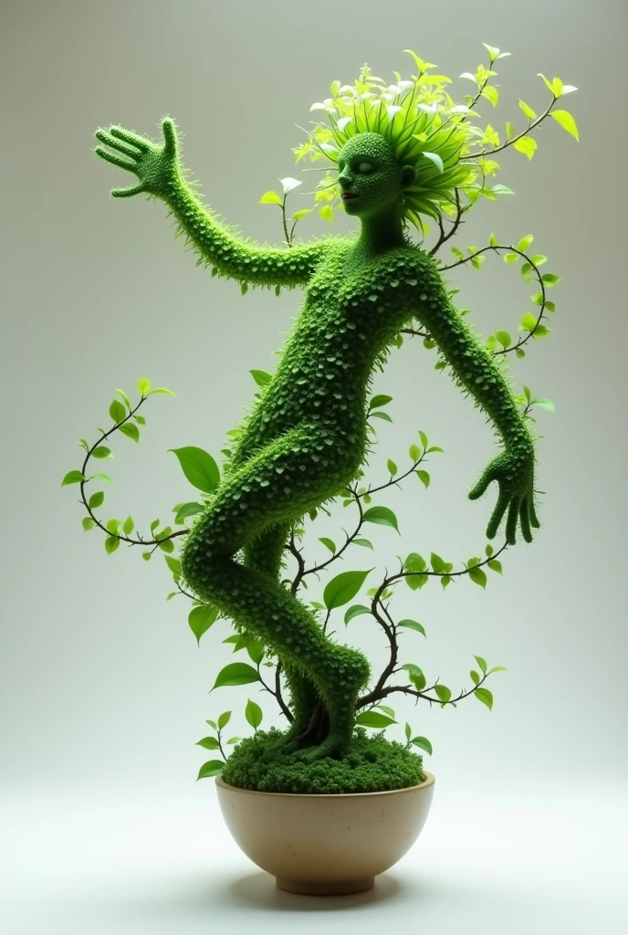 create an image plant growing in a pot that resembles a dancing human figure. the plant's leaves should from the head? arms? and legs? with the stem acting as the torso