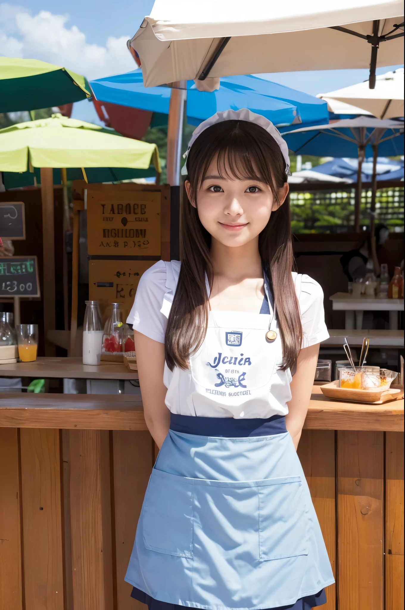 A girl (twenty years old, Japanese cute face) are wearing apron, mini skirt at the beach bar
