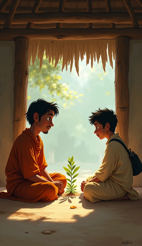 A young man in his early 20s, dressed in simple, modern village attire. Ravi has a restless and eager expression, with eyes that show both determination and frustration. He carries a small bag over his shoulder, symbolizing his journey to seek answers. As the story progresses, Ravi’s expressions soften, reflecting his gradual understanding and acceptance of patience. The scene shows Ravi sitting cross-legged in front of the wise monk inside a simple, humble hut. The monk sits opposite him, with a small plant between them. The monk’s expression is calm and welcoming, while Ravi looks eager and slightly impatient, leaning forward as he listens intently.