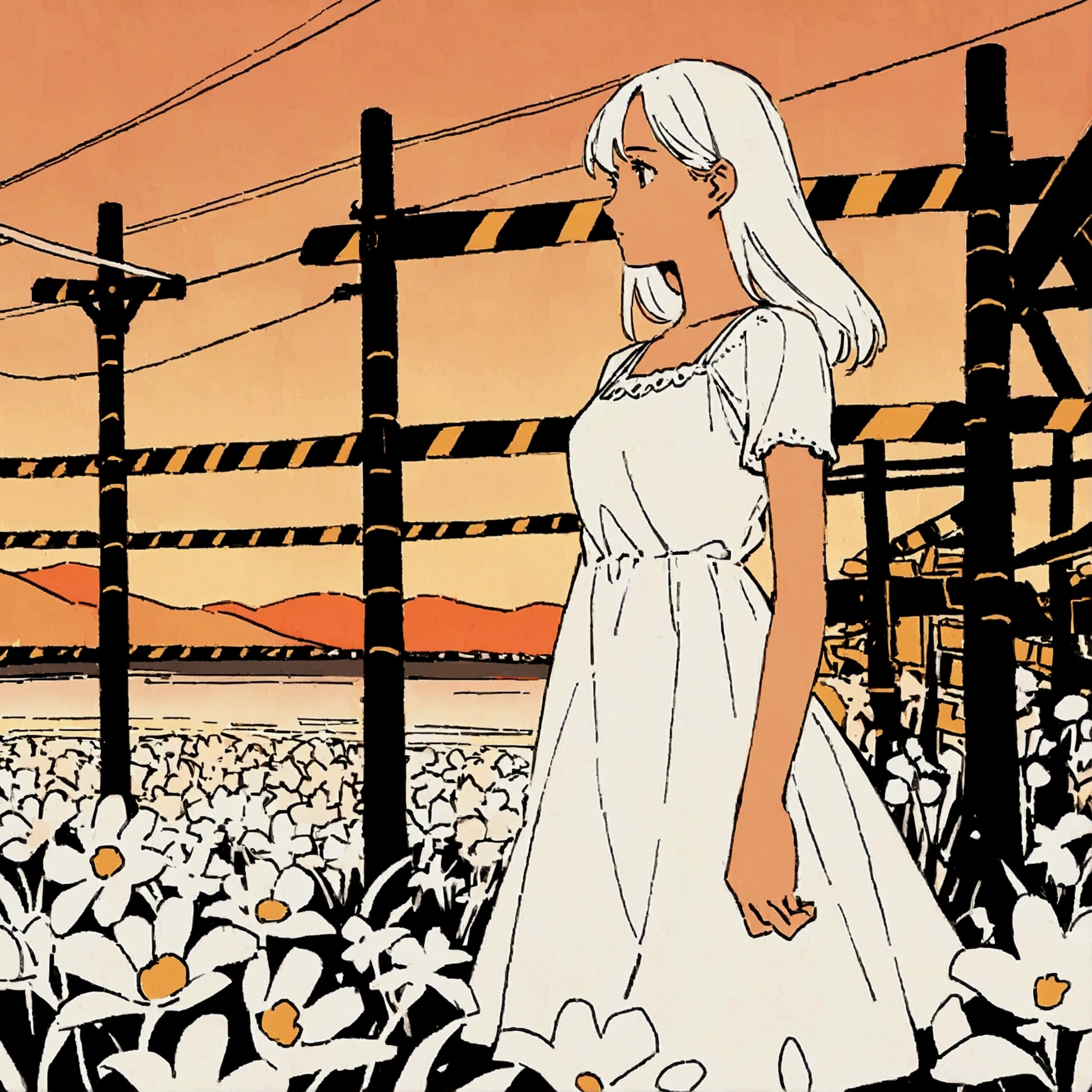 Orange sky, railroad crossing, summer, youth, woman in a white dress, white flowers, nostalgic, ocean, strong sunlight, flat color, delicate scenery, flower field