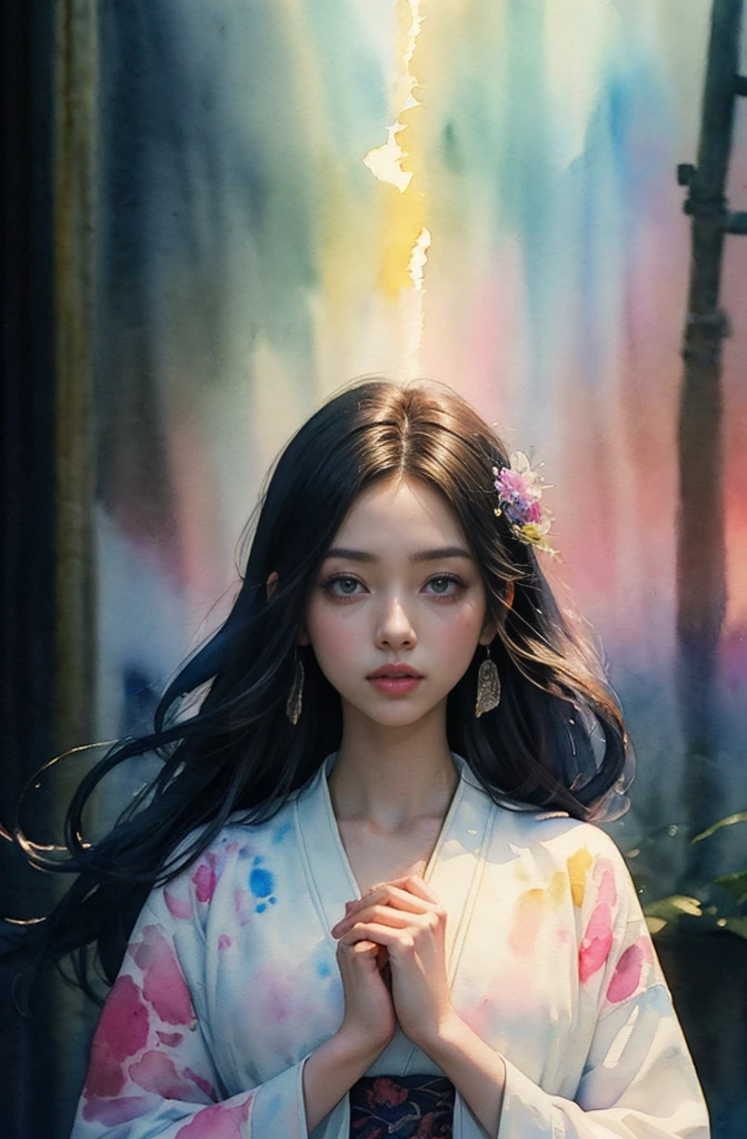 (Tabletop, Highest qualityの, Highest quality, Official Art, (beautifully、aesthetic:1.4), (Watercolor:1.4) ), (Izanami 1.5), 日本のgod話の女god, Majestic beauty, 創造の女god、生命の女god、Typically、((((Typically))))、Reincarnation Support, god&#39;Grace, Gentle and meditative expressions, Flowing, celestial garments, Shine、god秘的な着物姿、Full moon in the upper left of the background、Night view、moon on top left、