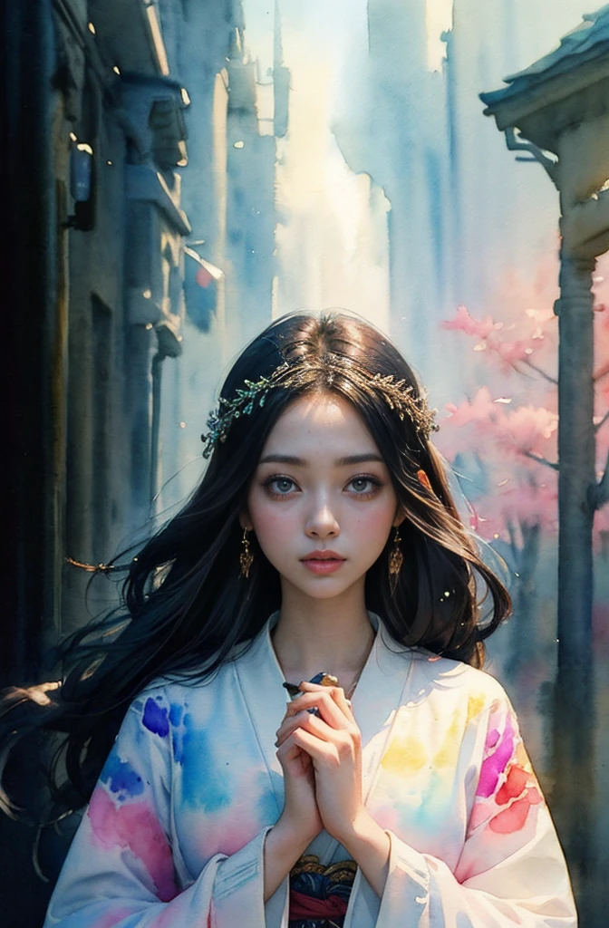 (Tabletop, Highest qualityの, Highest quality, Official Art, (beautifully、aesthetic:1.4), (Watercolor:1.4) ), (Izanami 1.5), 日本のgod話の女god, Majestic beauty, 創造の女god、生命の女god、Typically、((((Typically))))、Reincarnation Support, god&#39;Grace, Gentle and meditative expressions, Flowing, celestial garments, Shine、god秘的な着物姿、Full moon in the upper left of the background、Night view、moon on top left、