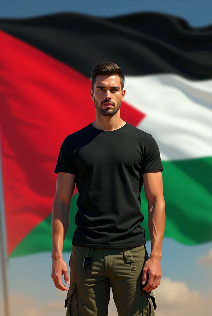 Palestine flag full background and a handsome hot slim boy clean shave handsome is standing after that background wearing black shirt with parashoot pents realistic